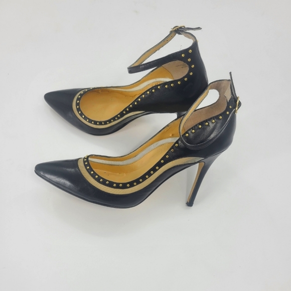 levity Shoes - LEVITY BLACK AND SHEER LEATHER ANKLE STRAP PUMPS WITH GOLD STUDS..SIZE 8